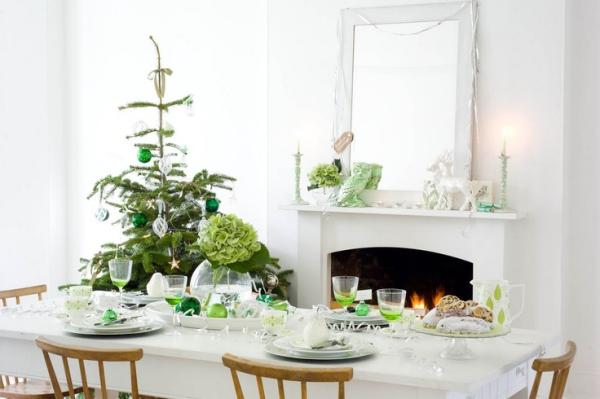 Weihnachtsdeko Weiß Grün tisch hortensie weihnachtsbaumschmuck