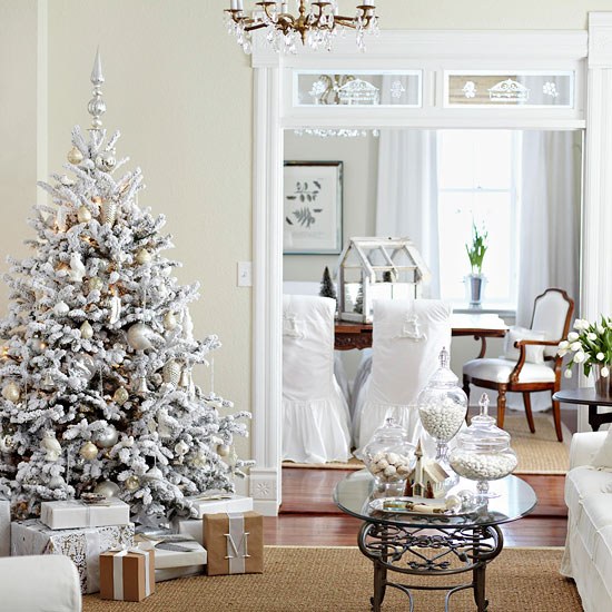 Weiß Tannenbaum Wohnzimmer Tisch Weihnachten-Kunstschnee Dekoideen-modern