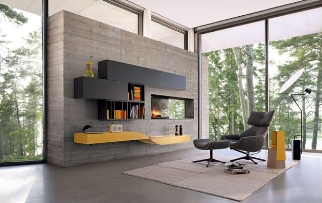 Wohnwand Wohnzimmer Stühle Leder Verglasung Modular Wandsystem