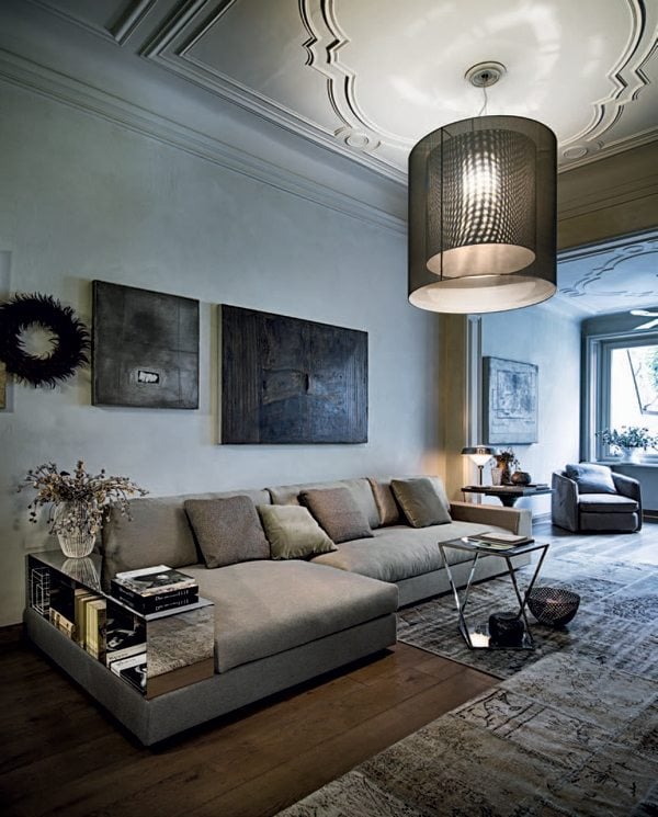Wohnzimmer Möbel-Graues Polstersofa Pendelleuchte Deckengestaltung Italienisch-bester Sitzkomfort