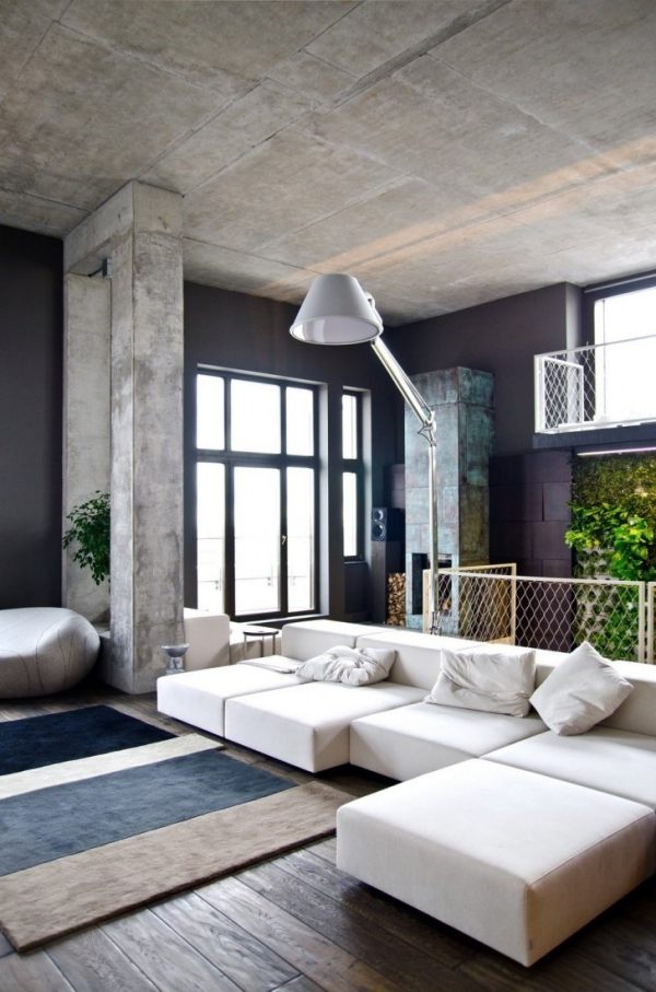trendig Wohnzimmer grau dunkel lampe Polstersofa hocker weiß bodenverkleidung Design farbpalette laminat