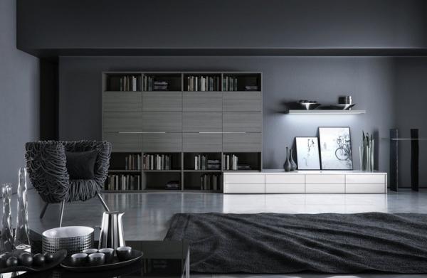 Wohnzimmer minimalistisch Bilder lampe wand Teppich grau farbschema regale grifflos