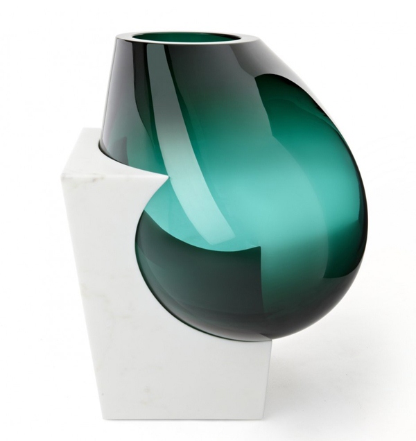 mundgeblasene Glas Vase grün Marmor Gestell