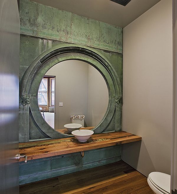 badezimmer ideen design ovaler spiegel wandfarben dunkel waschbecken freistehend trendig fliesen holz optik puristisch
