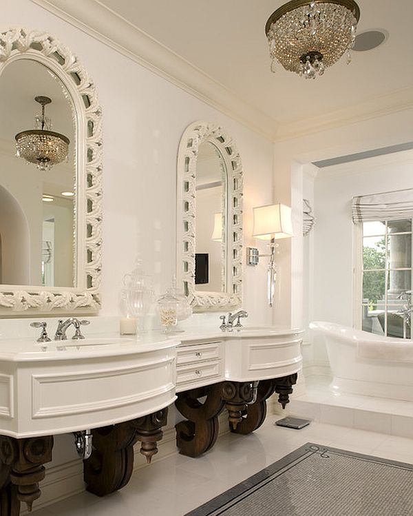 badezimmer klassisch original waschtisch holz doppelwaschbecken badewanne bodenfliesen glanz spiegel