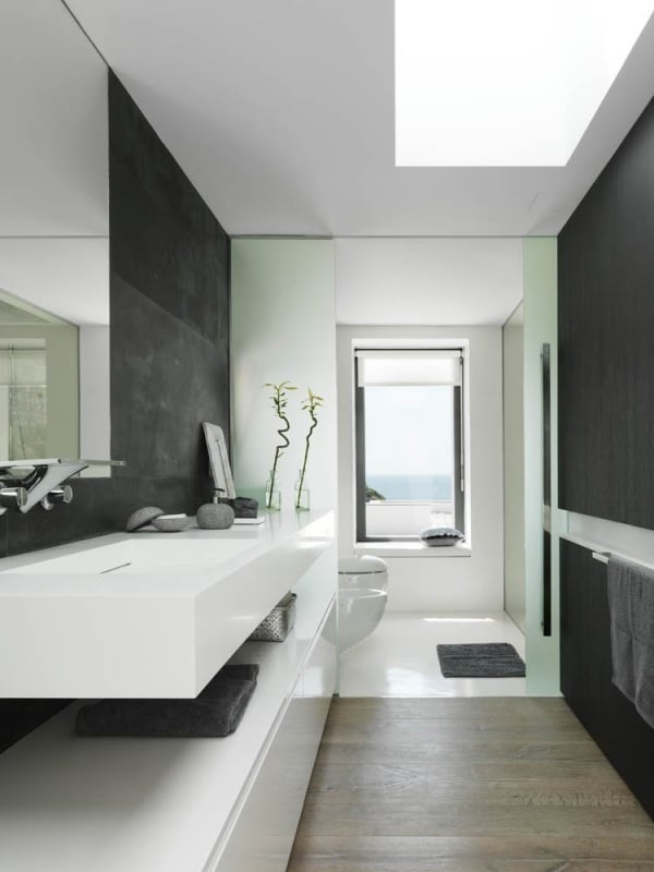 sanitärbereich design einrichtung vorschläge raumgestaltung basaltstein kontrastfarbe trendig