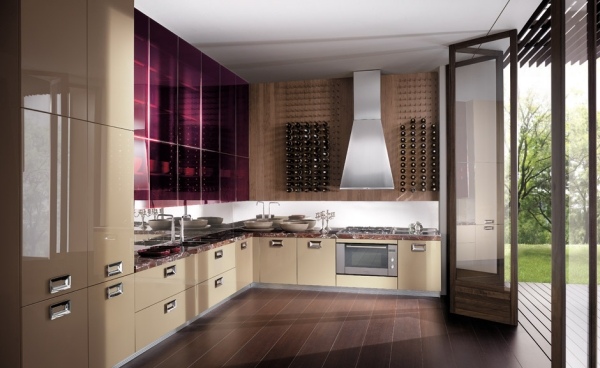 barrique design einbauküche wein regale violett beige hochglanz