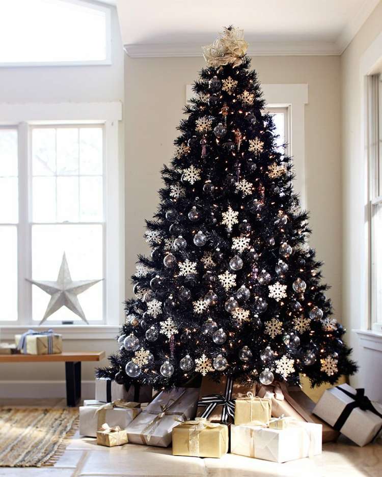 christbaum schmuck elegant schwarz silber schneeflocken deko wohnzimmer