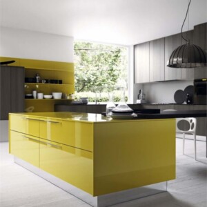 design küche kochinsel tischplatte farbschema gelb grau trendig