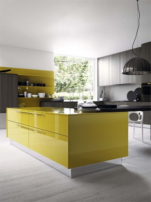 design küche kochinsel tischplatte farbschema gelb grau trendig