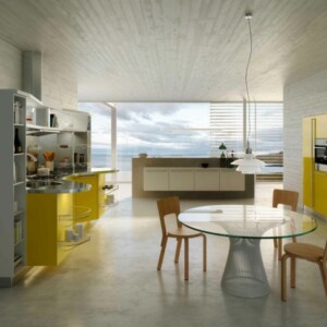gelbe Küche planen gestalten kleine Kochinsel Bücherregal modern