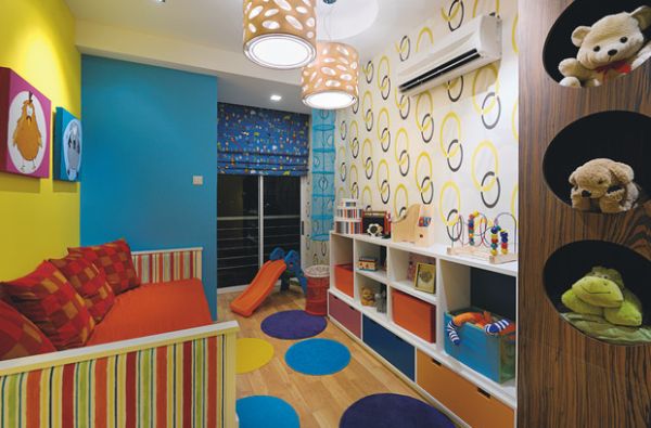 Kinderzimmer Tapeten Muster Wandfarbe blau gelb
