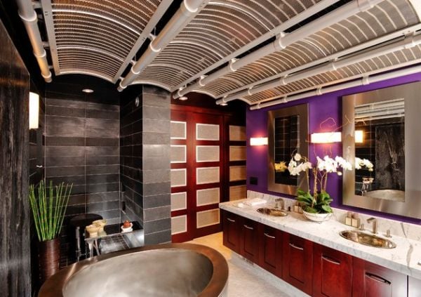 Beleuchtung japanisch Bad Sanitäranlage Dekoideen Schwarz lila Wandfliesen Badewanne freistehend-Wandspiegel