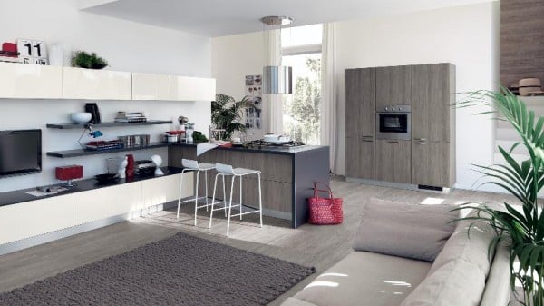 kleine küche modern scavolini offen wohnzimmer grau holz 