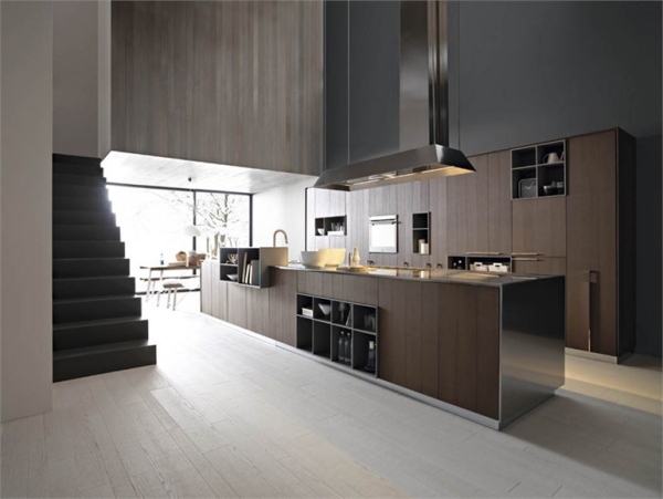 küche treppen kochinsel trendig design italienisch graue wandfarbe