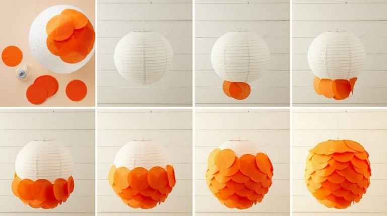 lampe selber basteln papier laterne kreise orange kleben