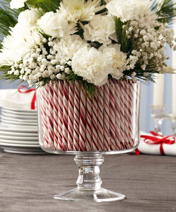 last minute weihnachtsdeko glas vase zuckerstangen strauß weiße blumen