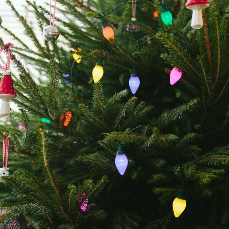lichterketten am weihnachtsbaum retro gluehbirnen bunt farben zweige