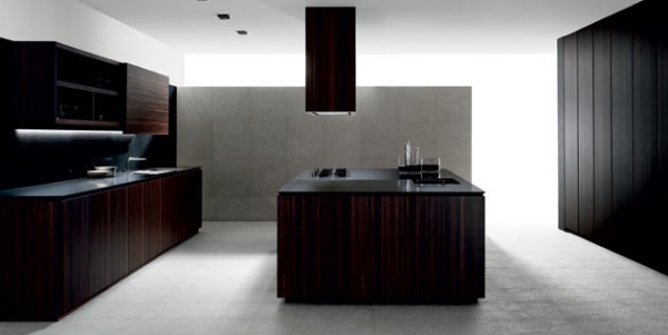 trendige küchenmöbel kochinsel design holz dunkel puristische ästhetik 