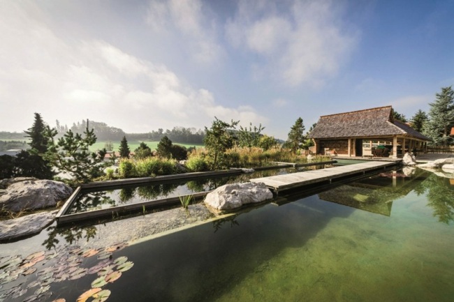 natürlich leben Schwimmteich Wasser Reinigungsystem Garten Hütte Gebirge