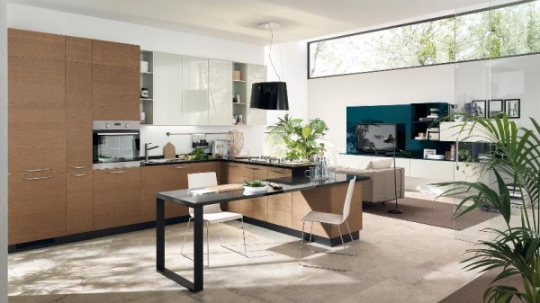 offene küche modern holzfronten esstisch integriert wohnzimmer