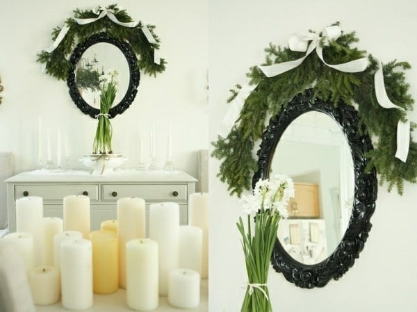 puristische Weihnachtsdekoration Spiegel weiße Kerzen