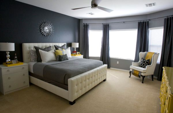 schlafzimmer einrichtung grau trendig tendenzen herbst gelbe dekoelemente interieur