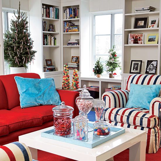 weihnachten deko wohnzimmer farben rot weiß blau kombination