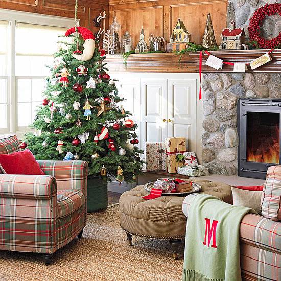 weihnachtsdeko im wohnzimmer polstersessel kamin kuscheldecke