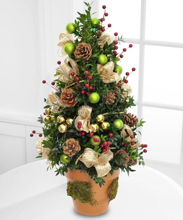 weihnachtlich dekorieren blumentopf gruen christbaumkugeln beeren