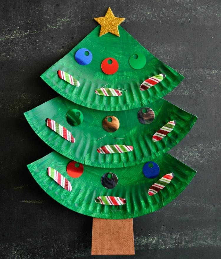 weihnachtsdeko mit kindern basteln pappteller tannenbaum dekorieren stern gruen