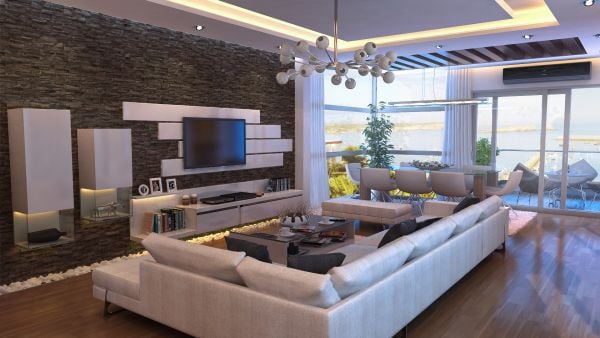 LED Ideen Wohnzimmer Steinwand moderne Polstermöbel