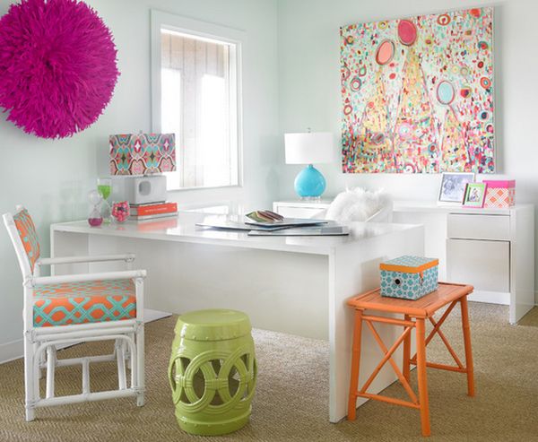 Ideen Home-Office dekorieren Schreibtisch-Hochglanz Stuhl-lackiert gepolstert-Holz-Hocker