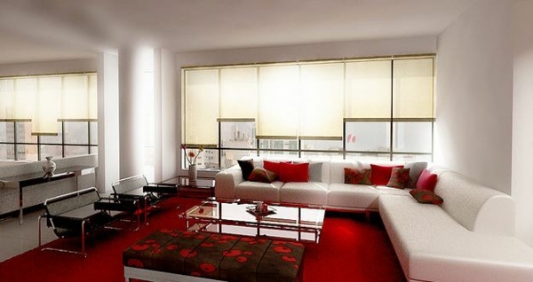 Wohnzimmer weiß rot Sofa Stoff Jalousien Glastisch