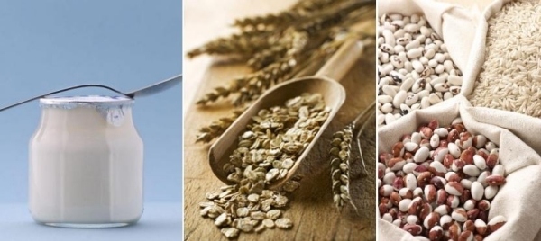 Diät Ernährung-Produkte natürliches Joghurt-Haferflocken Bohnen Linsen