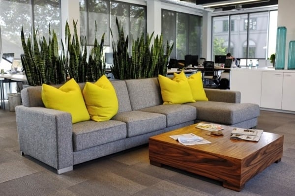 Graue Couch Kaffeetisch rustikal Integrierte Pflanzkübel-visueller Sichtschutz-gelbe Kissen
