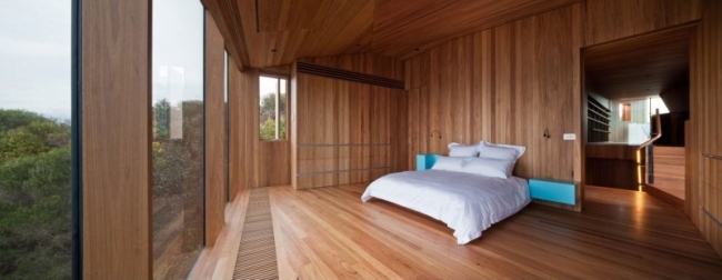 Holz-Haus Australien Fairhaven Beach Schlafzimmer Design-Holzboden raumhohe-Fenster
