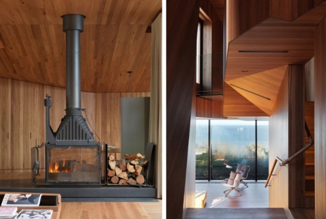 Holzdecke Gestaltung verspielt Innendesign asymmetrisch Indoor-Kamin Treppen 