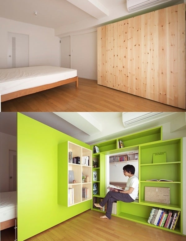 idee Raumteiler Trennung Eingebaut Schrank-Regale Holz-Tür 