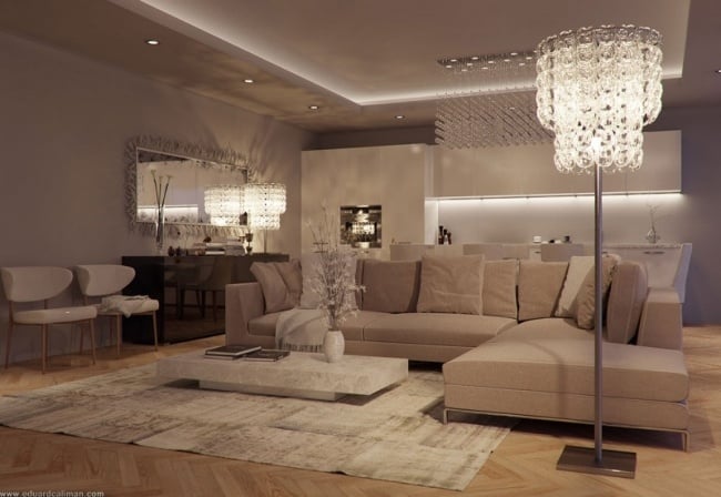 Luxus Wohnung Einrichtung-3d Visualisierung Sofa Garnitur-Design Stehlampe Deckenleiste