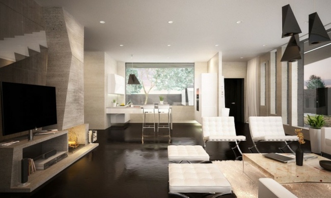 Kamin Küche Wohnzimmer einrichten schwarz weiß