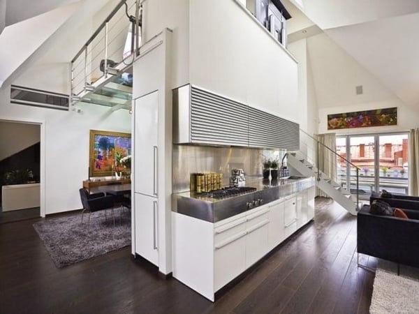 Raumteiler Möbeldesign Einbauküche-Loft Stil Weiß-Glanz Fronten-Ideen modern