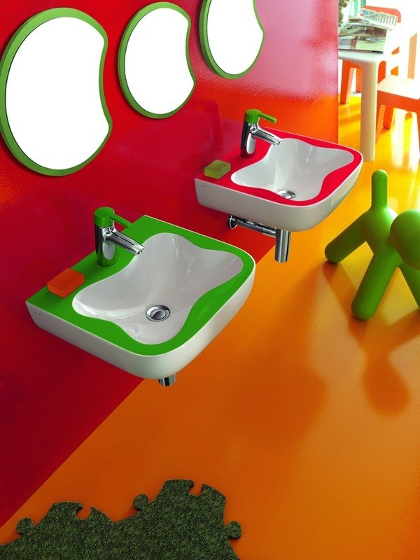 Kinderbad Spiegel Raupe dekorativ Wand Florakids-Laufen Orange Boden