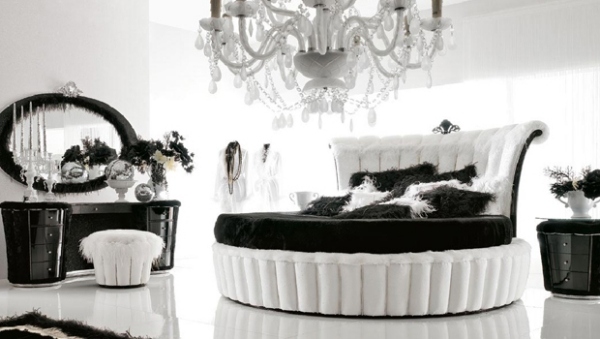 Schlafzimmer ovales Bett Schwarz Weiß Farbschema Art Deco Altamoda