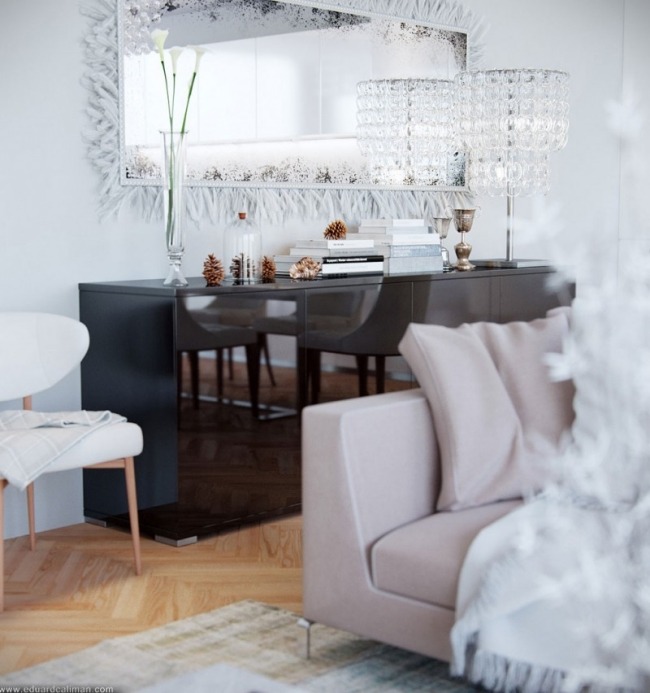 Wohndesign Weiß minimalistisch Glanz Sideboard hochglanz Spiegel Wohnzimmer-Design Ideen