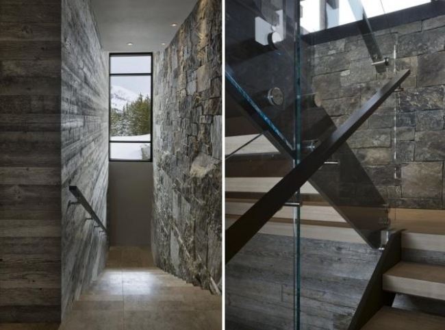 moderne Hütte Innendesign Naturstein-Wand Treppengeländer-Glas Einsatz findet