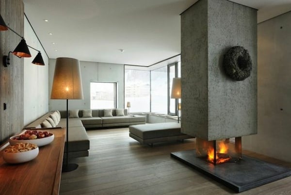 modernes Wohnzimmer Design Ideen Betonwand Holz Boden