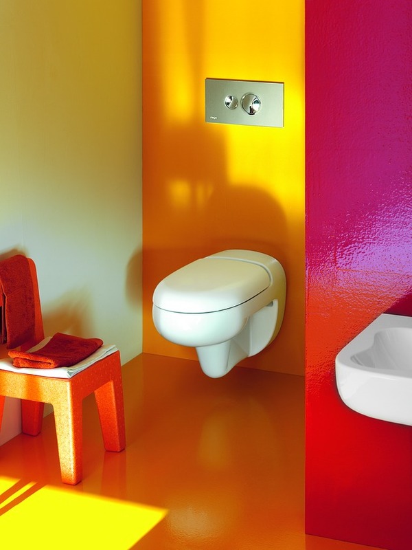 Wandgestaltung Bad Design Gelb Pink-Rot Wandgehängt-WC Rückenstütze Laufen