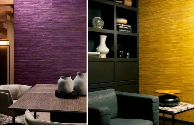 Wandgestaltung modern bunt ideen Farben-Tapeten lila-eigelb textur