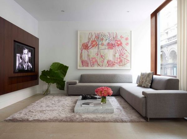 Wandkunst Wohnzimmer Idee Abstrakt flauschig Teppich-grau Sofa